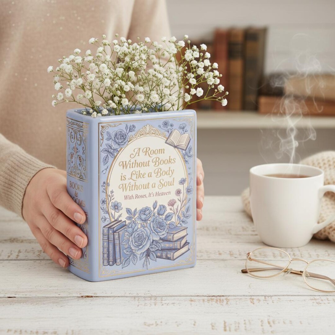 Ceramic Book Vase, A Room Without Books Quote, Literary Gift for Book ...