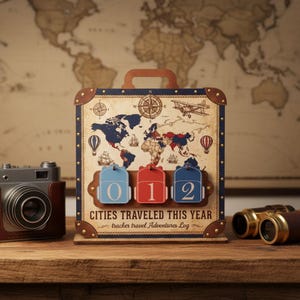 May include: A wooden travel-themed display with a world map design, a suitcase-shaped frame, and number blocks reading "012." The display includes a compass, hot air balloons, and an airplane. The text reads "CITIES TRAVELED THIS YEAR."