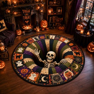3D Effect Illusion Skull Vortex Quilted Round Rug, Halloween Horror Skeleton Carpet, Quilt Floor Mat, Living Room Bedroom Decor, Spooky Gift