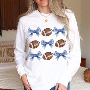 CUSTOM Coquette Football Bow Shirt, Coquette Comfort Color Long Sleeve TShirt, Custom Team Color Bow, Cute Football Tee, Cheer Mom Team Gift