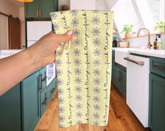 Subtle F*ck Trump Yellow Daisy Waffle Weave Kitchen Towel, Minimalist Political Decor, Funny Anti Trump Dish Towel, Floral Kitchen Gift