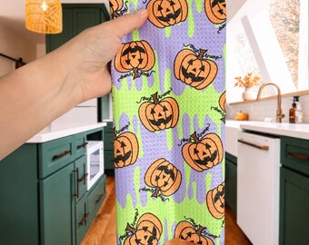 F*ck Trump Jack-O-Lantern Slime Waffle Weave Tea Towel, Pumpkin Home Decor, Halloween Kitchen Towel, Liberal Host Gift, Spooky Fall Decor