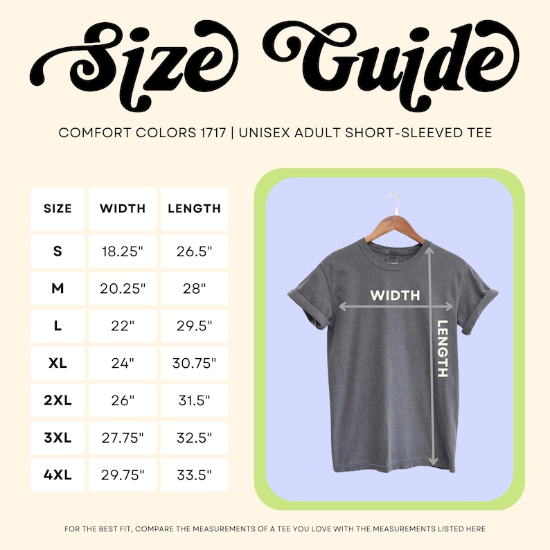 Puede incluir: Tabla de tallas para una camiseta unisex de manga corta. La tabla muestra las medidas de ancho y largo en pulgadas para las tallas S, M, L, XL, 2XL, 3XL y 4XL.