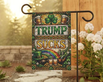 Stained Glass Trump Sucks St. Patrick's Day Garden Flag, Anti Trump Yard Decor, Funny Political Shamrock Flag, Liberal Outdoor Lawn Sign
