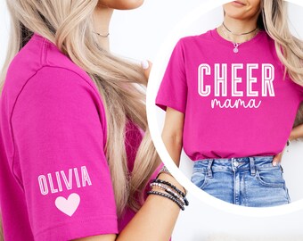 CUSTOM Cheer Mama Shirt, Personalized Kids Name Sleeve Print, Cheer Mom Crewneck T-shirt, Custom Cheer Competition Apparel, Sports Mom Gift