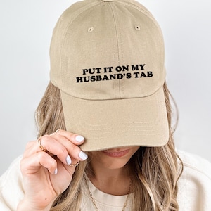 Put It On My Husband&#39;s Tab Hat, Embroidered Classic Dad Cap, Funny Newly Married Hat, Mr and Mrs Baseball Cap, Newlywed Gift, Honeymoon Hat