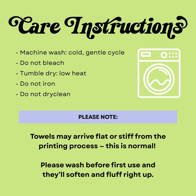 K&ouml;nnte beinhalten: Eine hellgr&uuml;ne Grafik mit den Worten "Care Instructions" in einer dekorativen Schriftart. Darunter sind Waschanweisungen aufgef&uuml;hrt, darunter Maschinenw&auml;sche kalt, nicht bleichen, Trockner bei niedriger Temperatur, nicht b&uuml;geln und nicht chemisch reinigen. Eine Waschmaschinen-Grafik ist ebenfalls enthalten.
