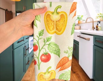 F*ck Trump Watercolor Vegetable Waffle Weave Kitchen Towel, Funny Political Dish Towel, Anti Trump Decor, Subtle FDT Tea Towel, Liberal Gift