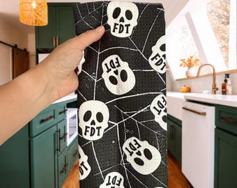 FDT Skulls Spider Webs Waffle Weave Kitchen Towel, Fun Political Microfiber Dish Towel, Anti Trump Decor, Subtle FDT Tea Towel, Liberal Gift