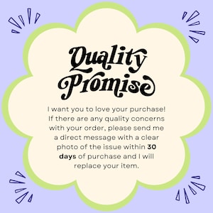 Pode incluir: Um gr&aacute;fico em forma de nuvem verde claro com as palavras "Quality Promise" em escrita preta. O texto abaixo indica o compromisso do vendedor com a satisfa&ccedil;&atilde;o do cliente, incluindo uma pol&iacute;tica de devolu&ccedil;&atilde;o de 30 dias.