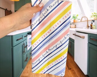 F*ck Trump Pastel Stripe Waffle Weave Kitchen Towel, Funny Political Dish Towel, Anti Trump Kitchen Decor, FDT Stripe Towel, Liberal Gift
