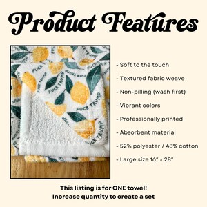 May include: White towel with a lemon and leaf pattern, featuring the text "FUCK TRUMP." The towel is 16" x 28" and made of 52% polyester and 48% cotton. The product features are soft to the touch, absorbent, and professionally printed.