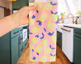 F*ck Trump Pink Lemons Waffle Weave Kitchen Towel, Funny Political Dish Towel, Anti Trump Kitchen Decor, Citrus Kitchen Microfiber Towel