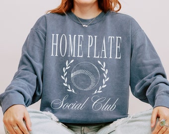 Home Plate Social Club Sweatshirt, Comfort Colors Baseball Sweater, Funny Baseball Mom Crewneck, Trendy Game Day Apparel, Baseball Mom Gift