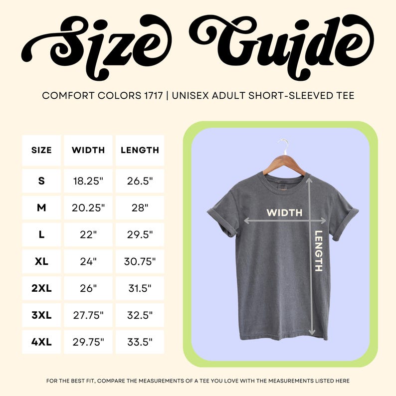 Pode incluir: Um guia de tamanhos para uma camiseta unissex de manga curta para adultos. O guia mostra as medidas para os tamanhos S a 4XL, com largura e comprimento em polegadas. A camisa &eacute; cinza e est&aacute; pendurada em um cabide de madeira.