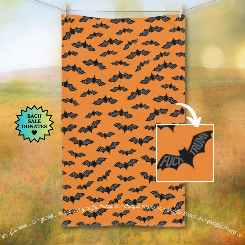 Subtle F*ck Trump Halloween Bats Hand Towel, Spooky Home Decor, FDT Halloween Kitchen Towel, Sarcastic Liberal Host Gift, Fall Autumn Decor