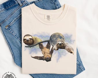 Three Sloths Retro Graphic T-shirts, Vintage-Style Sloth Moon T-shirt, Sloth Lover Gift, Funny Sloth Tee, Oversized Washed Tee, Weird Shirt
