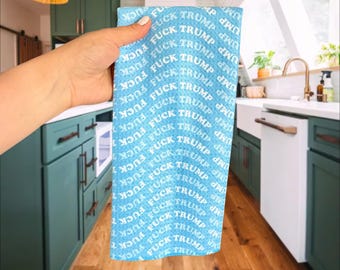 F*ck Trump Blue Wave Waffle Weave Kitchen Towel, Funny Political Dish Towel, Anti Trump Decor, Democrat Blue Wave Kitchen Gift