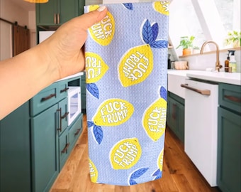 F*ck Trump Blue Lemon Waffle Weave Kitchen Towel, Funny Political Dish Towel, Anti Trump Kitchen Decor, Citrus Kitchen Gift Microfiber Towel