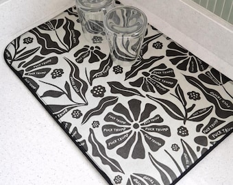 Subtle F*ck Trump Modern Flower Microfiber Kitchen Dish Mat, Fun Political Kitchen Decor, Anti Trump Sink Drying Mat, Floral Dish Drying Pad