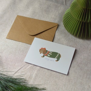 Chien de Noël (restez au chaud) | Carte pliée horizontale A6, carte de voeux, carte de Noël, carte chien, carte à rabat, carte de Noël teckel