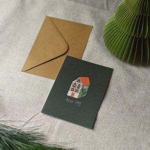 Thuis, blijf gezellig | A6 verticaal gevouwen kaart, wenskaart, kerstkaart, flapkaart, schattige kaart, visitekaartje, housewarmingkaart