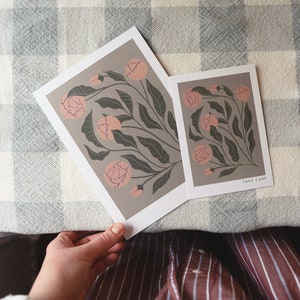 Pivoines, prenez soin de vous | Impression disponible en A5 et A6, carte de voeux, impression de fleurs, carte de meilleure qualité