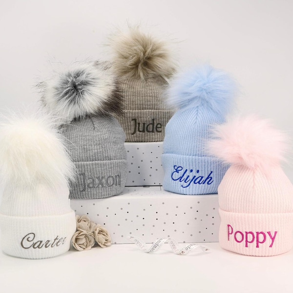 Personalised Baby Pom Pom Hat 0-18 months, 5 Colours