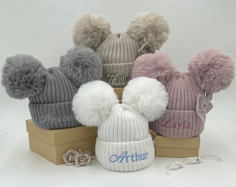 Personalised Baby Hat, Pom Pom Hat, Embroidered Baby Hat, Newborn to 12 Months, White, Pink, Biscuit and Grey