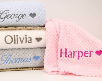 Personalised Baby Blanket, Baby Name Blanket with Heart, Embroidered Baby Gift