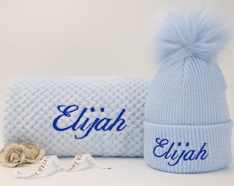 Personalized Baby Blanket and Pom Hat Gift Set: Embroidered Waffle Fleece