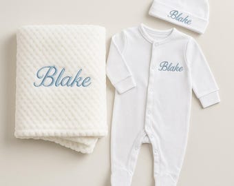 Personalized Baby Gift Set – Embroidered Blanket, Sleepsuit & Hat (0-3 Months)