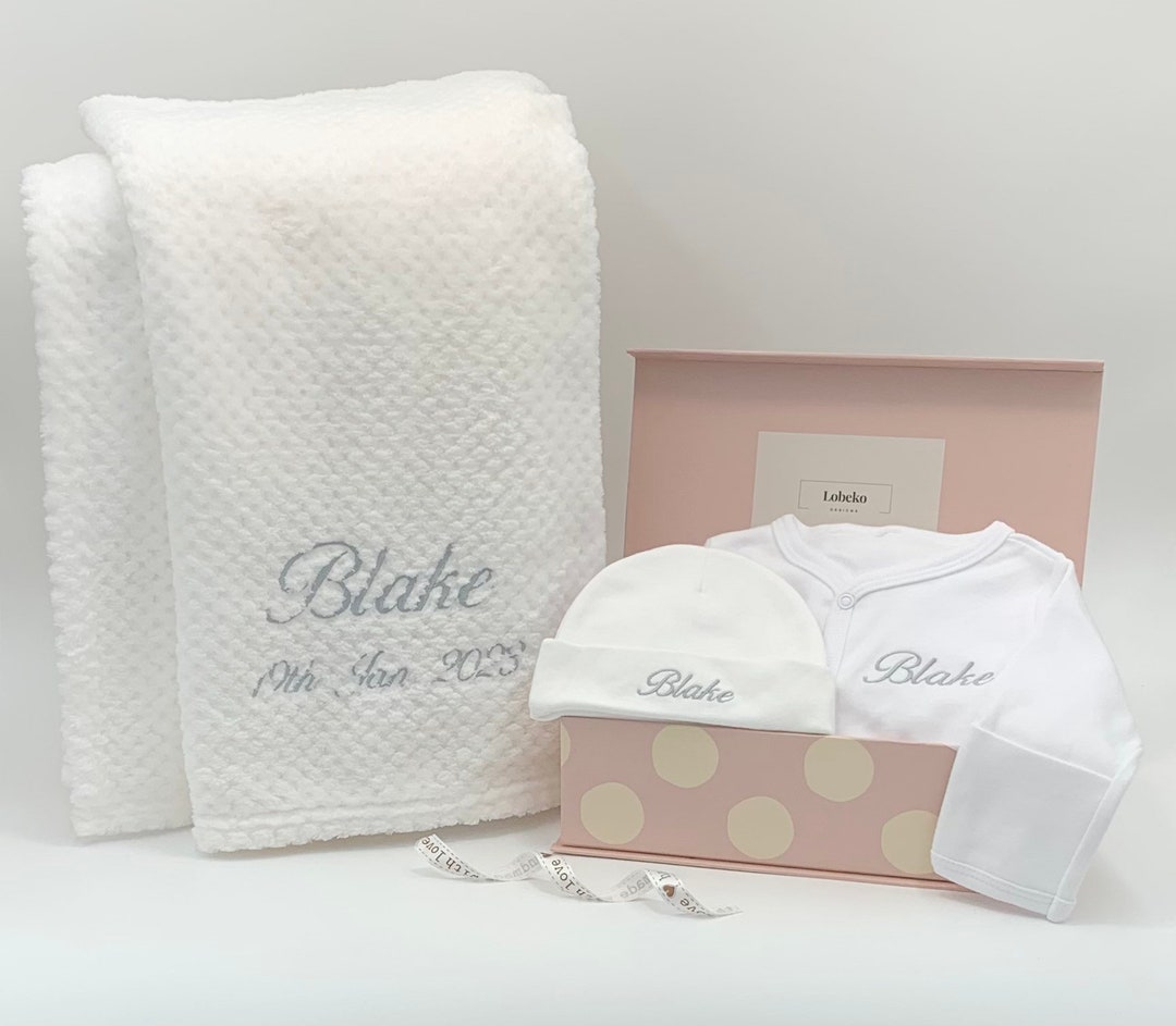 Personalised Baby Blanket and Sleepsuit Gift Set Embroidered With Name