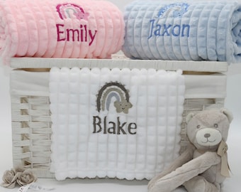 Personalised Rainbow Baby Blanket, Embroidered Name, Soft Fleece, Blue Pink and White colour