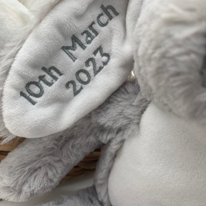 May include: A grey and white plush bunny with embroidered text that reads "10th March 2023".