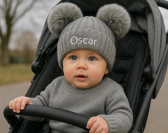 Personalised Baby Hatwith Faux Fur Pom Poms (6-18 Months)