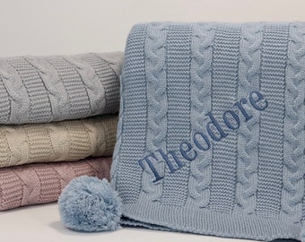 Personalised luxury baby blanket, Cable knit nursery blanket with poms, Winter baby blanket, Newborn baby gift