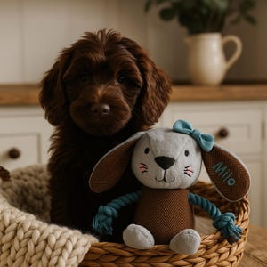 May include: A brown puppy sits in a wicker basket beside a grey and brown bunny toy with a blue bow and rope details. The bunny's ear is embroidered with the name "Milo". The basket contains a cream knitted blanket.