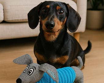 Personalised Squeaky Sausage Dog Toy: Embroidered Name, Corduroy Plush Pet Gift