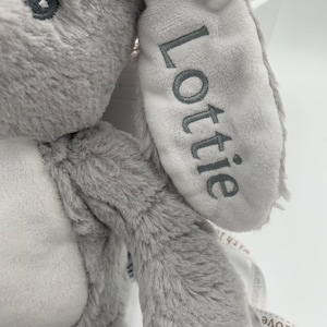 May include: A grey plush bunny with a white ear that says "Lottie" embroidered on it. The bunny is holding a white ribbon with the text "with love" on it.