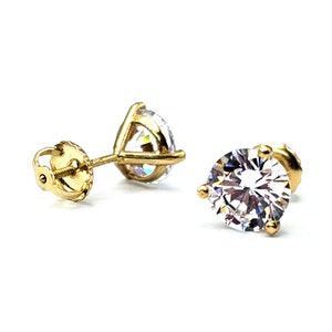 Round Cut 3 Prong Martini Stud Earrings 14KT Solid Yellow Gold Screw Back, Simulated Diamond Earrings, Unisex Martini Studs, Everyday Studs