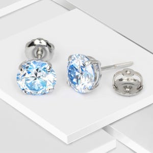 GRA Certified Round Cut Ocean Blue Moissanite Stud Earrings Real 14KT Solid White Gold | Solitaire VVS1 Moissanite Earrings Anniversary Gift