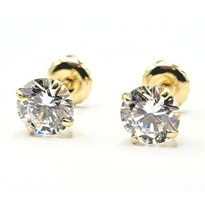 3 Ct Round Brilliant Cut Stud Earrings 14kt Solid Yellow Gold Screw Back Solitaire Simulated Diamond, 4 Prong Earrings For Men And Women 7mm