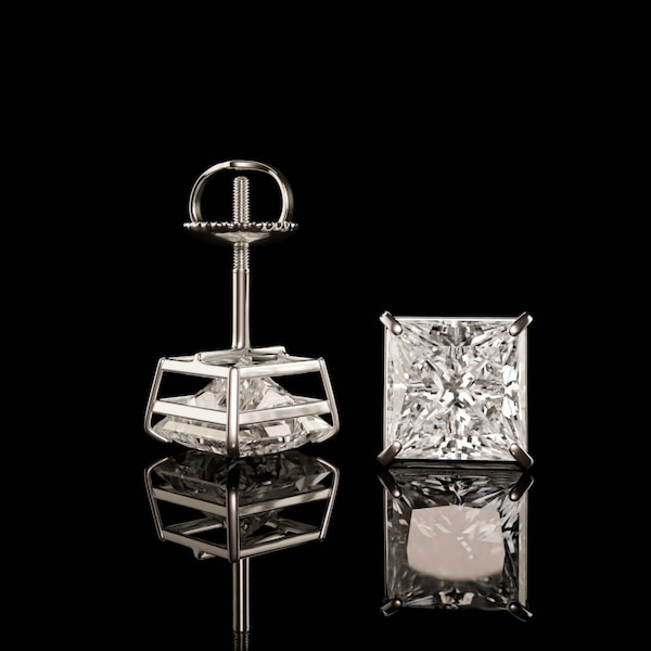 Princess Cut Diamond Moissanite Stud Earrings | 14K White Gold, Screw Back