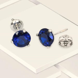 Round Brilliant Cut Created Blue Sapphire Martini Stud Earrings In Solid 14K White Gold Screw Back 3 Prong Sapphire Studs, Sapphire Jewelry