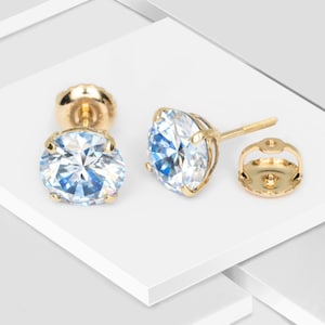 Round Ocean Blue Moissanite Diamond Stud Earrings Real 14K Yellow Gold Screw Back | 14K Moissanite Earrings GRA Certified Every Holiday Gift
