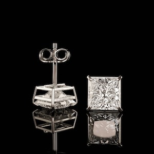 GRA Certified Princess Cut Moissanite Stud Earrings Real 14K Solid White Gold Push Back | Square Diamond Stud Earrings 1.Ct-4.Ct Bridal Gift