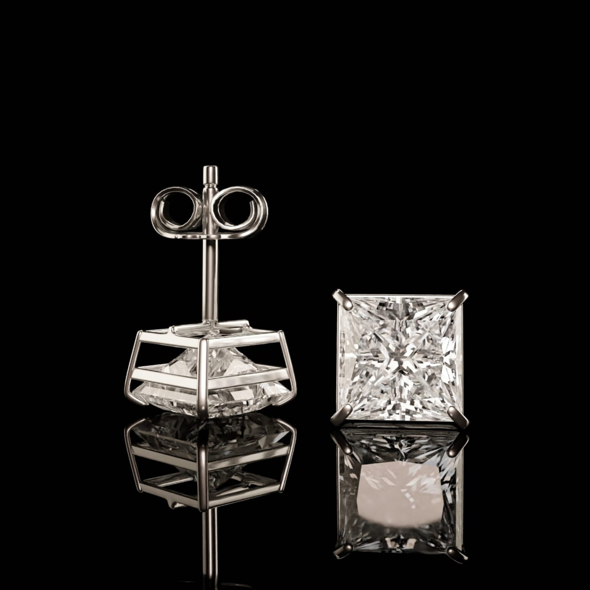 95ct Princess Moissanite Stud Earrings – 14K White Gold Screw Back – Lab Created GRA