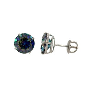 Certified Round Cut Rainbow Blue Moissanite Stud Earrings Real 14K White Gold Screw Back | GRA Certified Blue Moissanite Earrings Gift Ideas