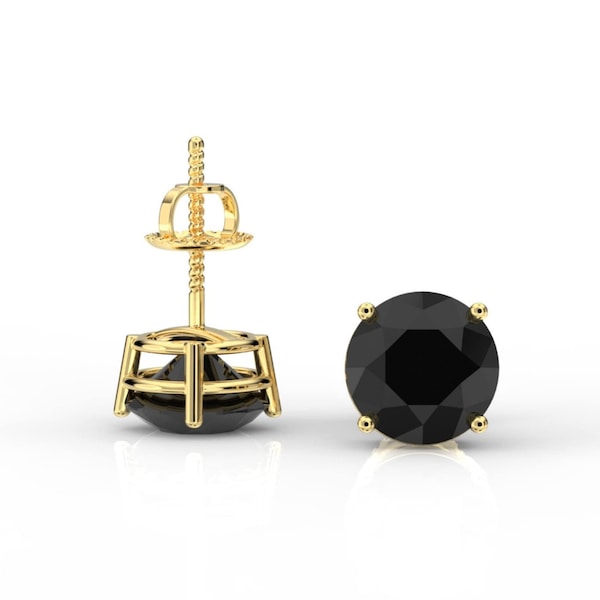 Round Cut Created Black Diamond Stud Earrings 14K Solid Yellow Gold Settings Solitaire Studs, Men Women Black Diamond Earrings 0.50-4ct Gift